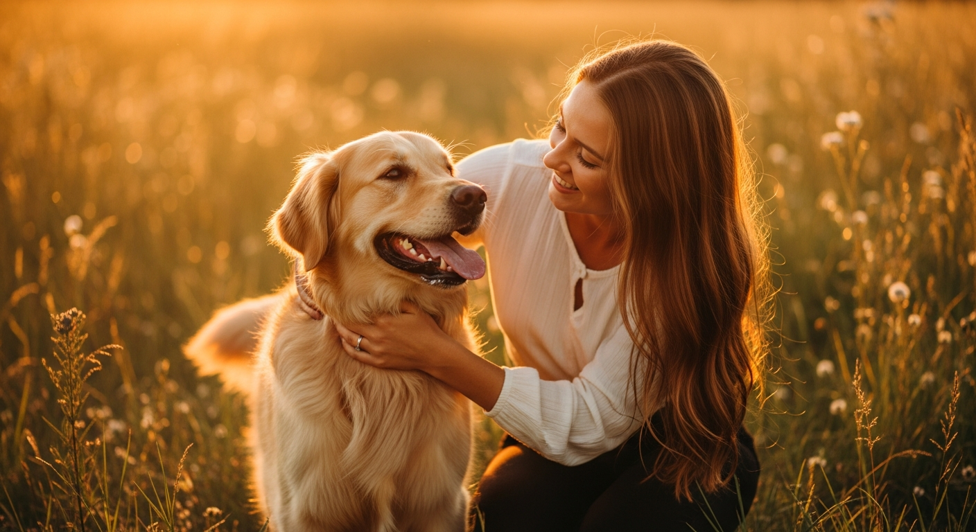 Happy golden retriever in a sunlit meadow with owner